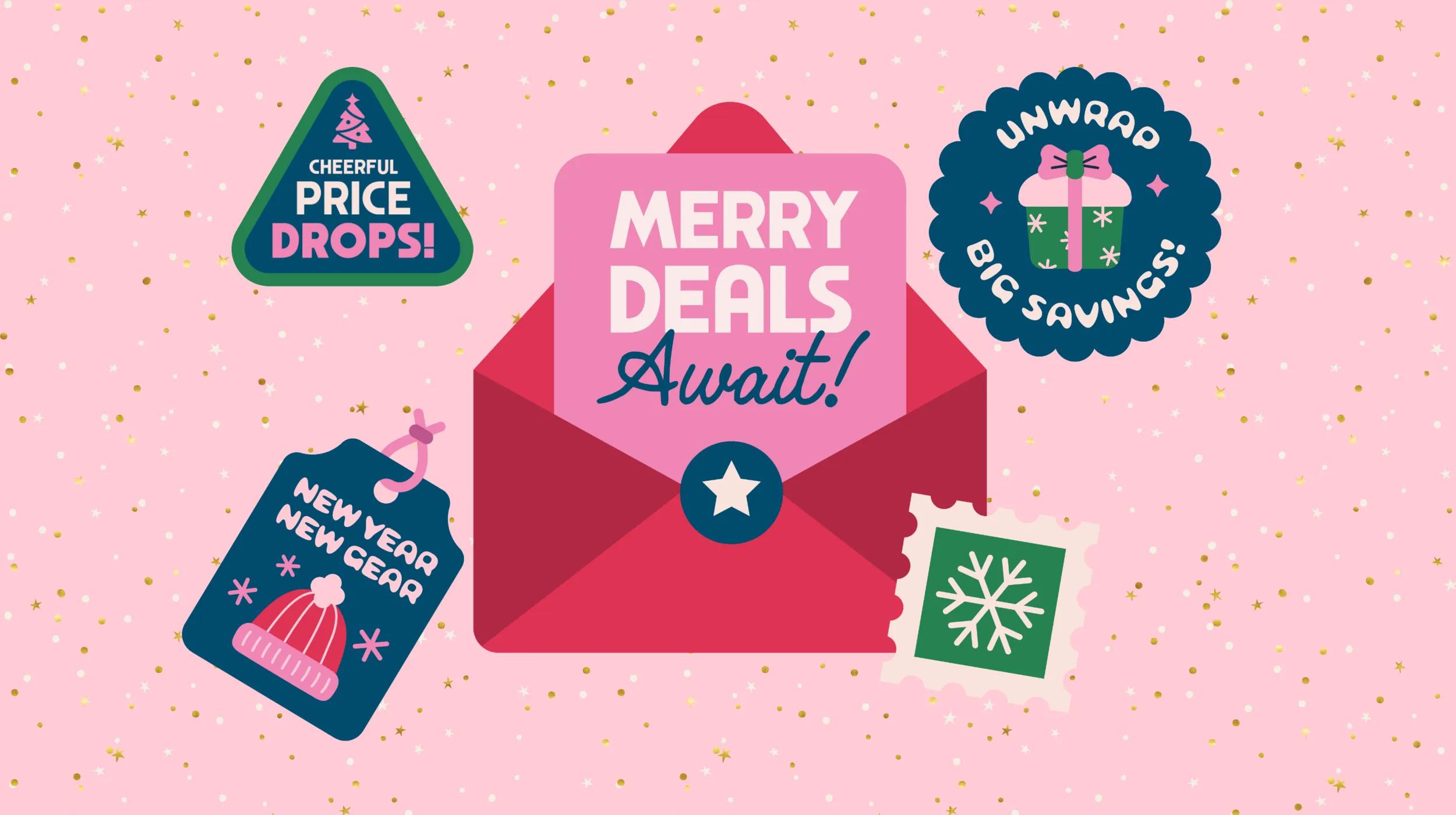 Illustration of holiday marketing strategy concepts on a festive pink background with gold confetti. Central image features a red envelope with "Merry Deals Await!" text. Surrounding elements include a green triangular tag with "Cheerful Price Drops!" message, a circular label with "Unwrap Big Savings!" and a gift icon, and a blue tag with "New Year New Gear" text and a winter hat graphic. Snowflake stamp adds to the holiday theme, emphasizing promotional strategies for the season.