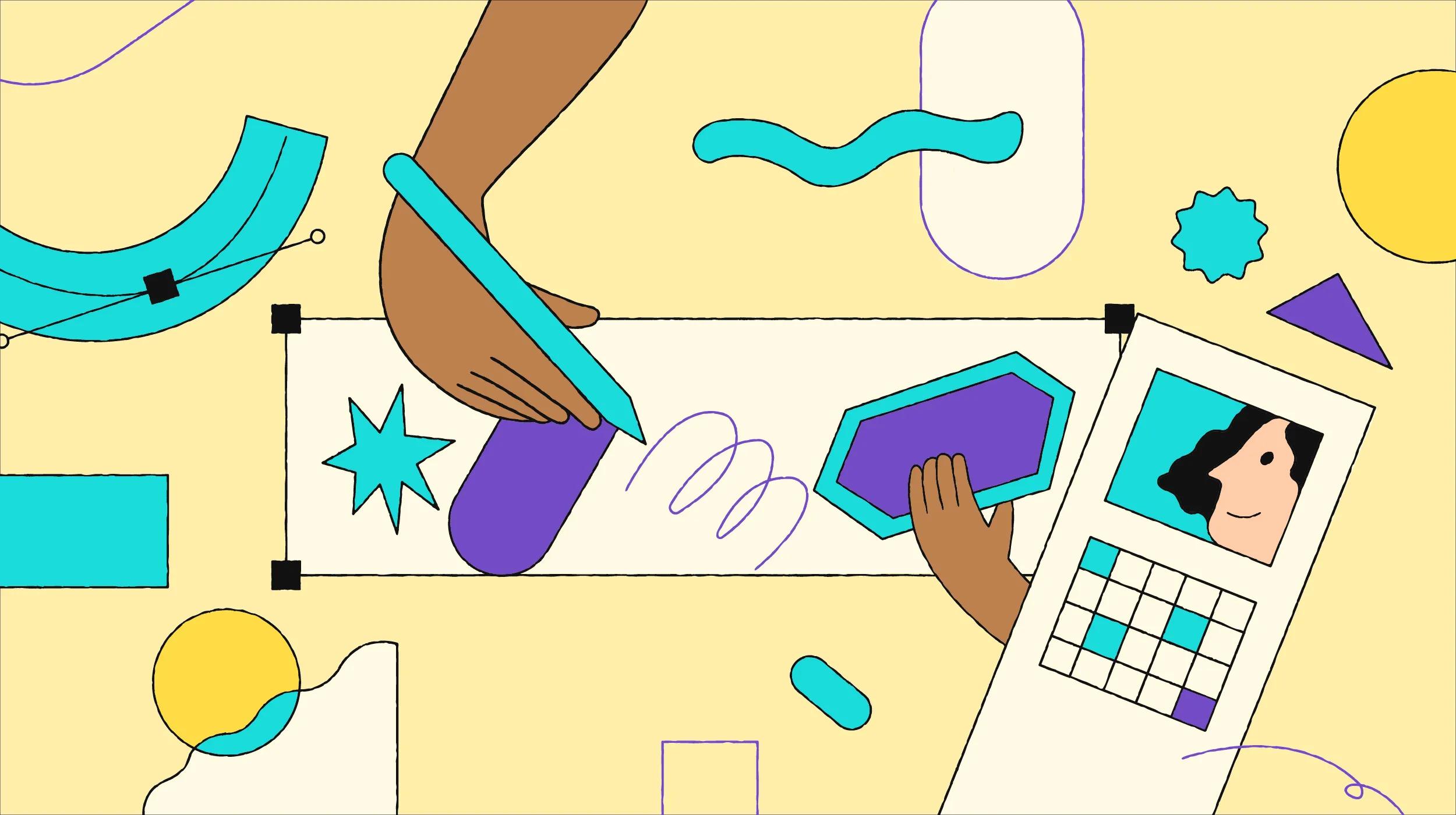 An illustration depicting a creative workspace. A hand holds a stylus, interacting with a digital design tablet showing various geometric shapes in purple and teal. Another hand is adjusting a hexagonal shape on the screen. The background features abstract elements, including a blue arc, a yellow circle, and a teal star, with squiggly lines and other shapes adding to the artistic theme. A small section shows a calendar and a stylized face. The overall color scheme is bright and playful.