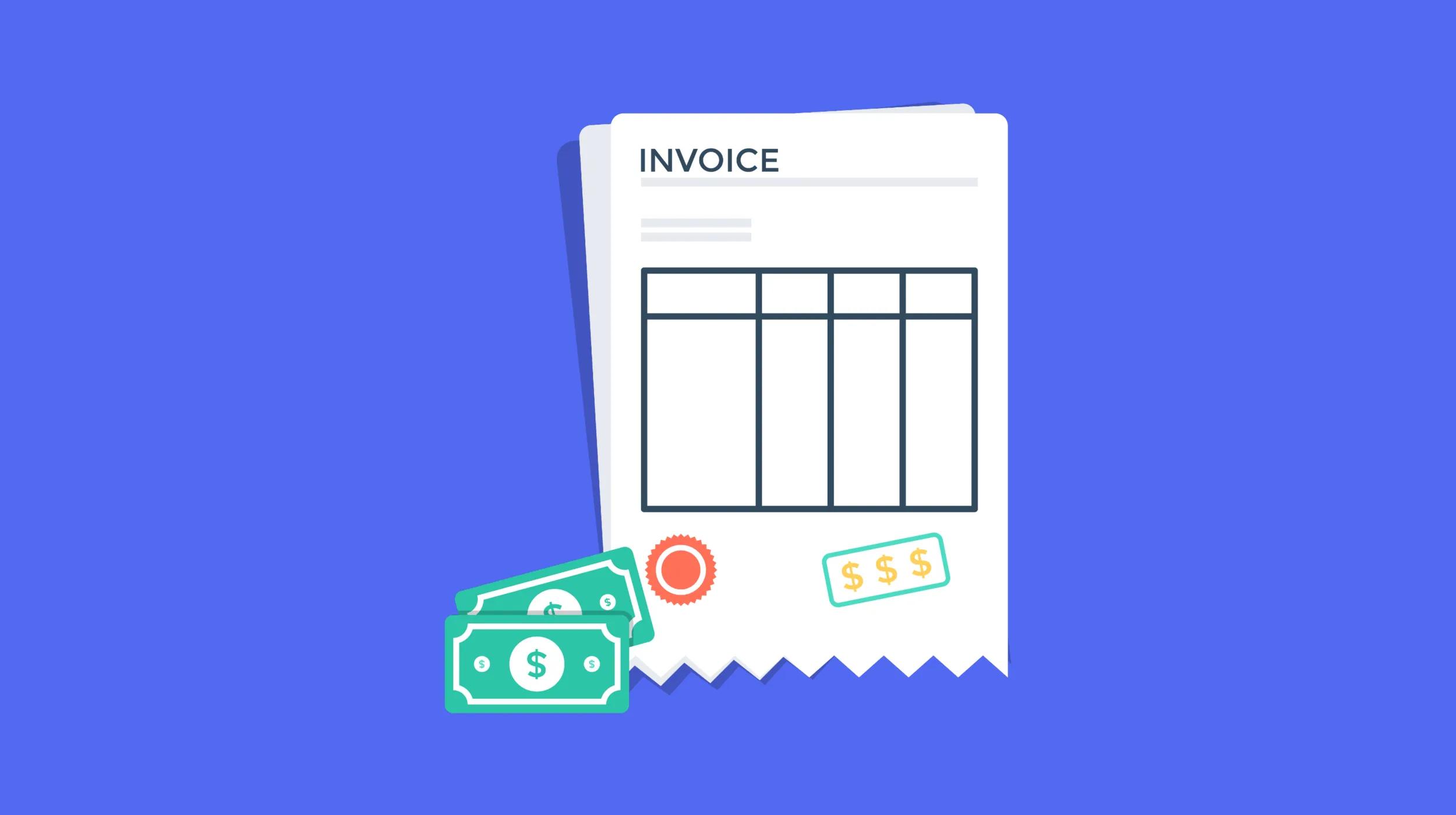 Illustration of an invoice document with a stack of dollar bills in front, set against a blue background.