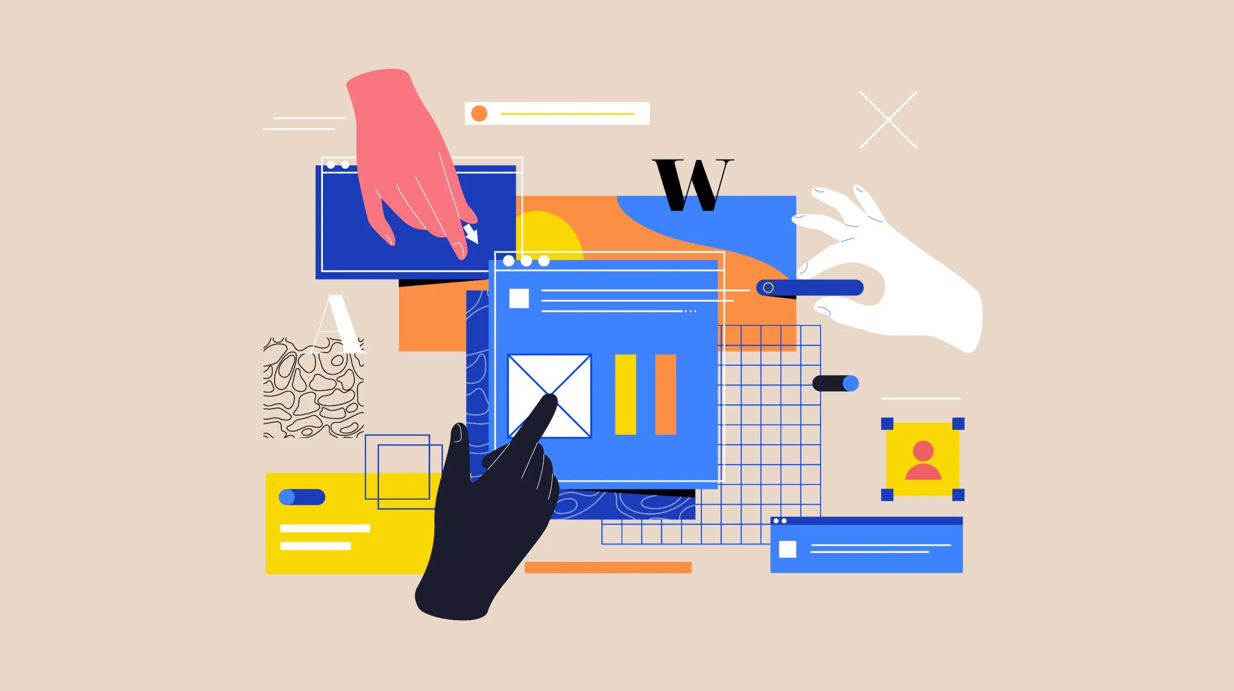 An abstract illustration depicting web design elements. Various hands in different colors are interacting with digital interface components, such as windows, icons, and text boxes. The background features colorful geometric shapes and patterns, including grids and abstract textures.