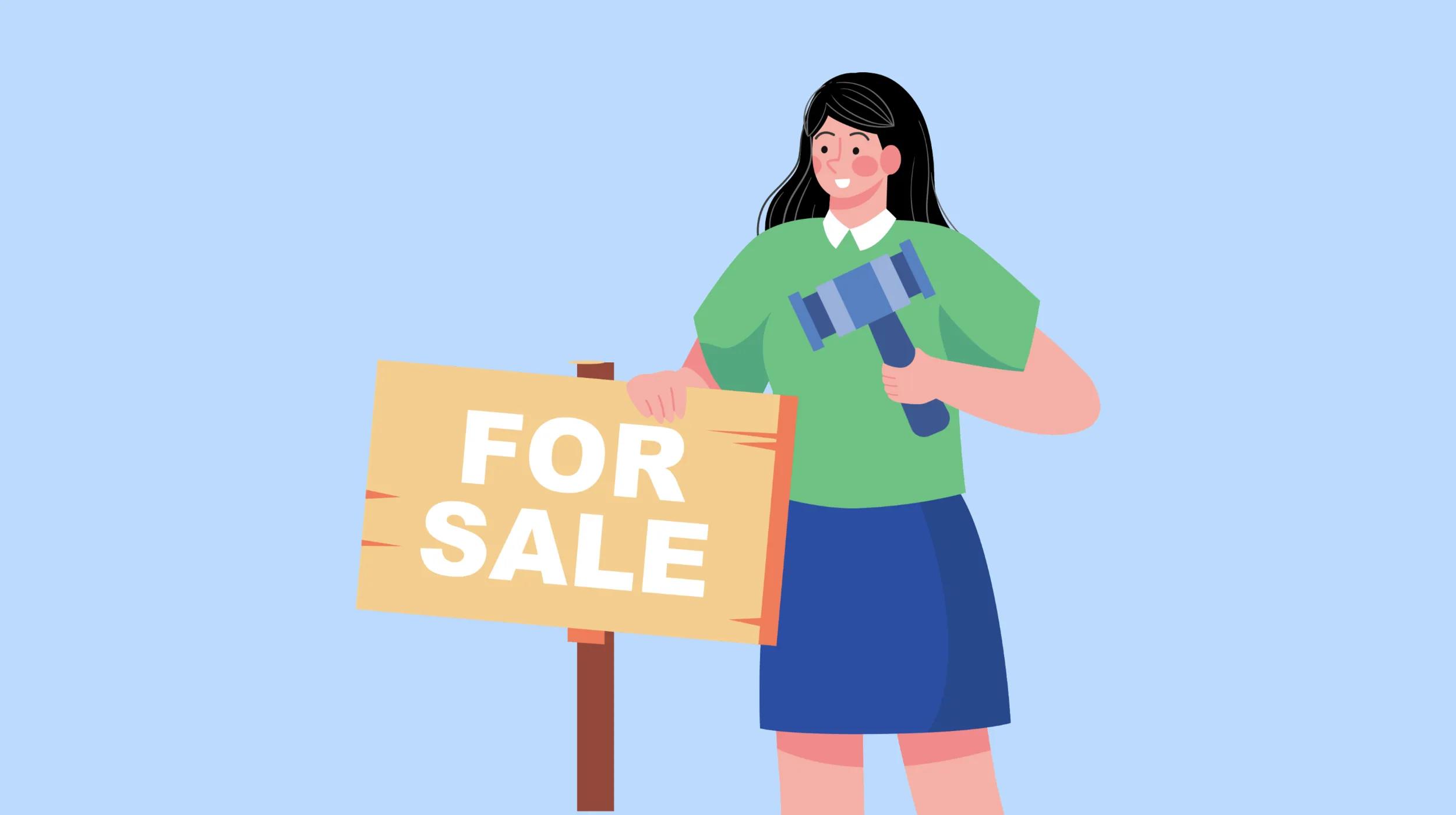 A cartoon woman holds a gavel in one hand and a "For Sale" sign in the other, indicating an auction or sale. She is wearing a green shirt and blue skirt, and has long dark hair.