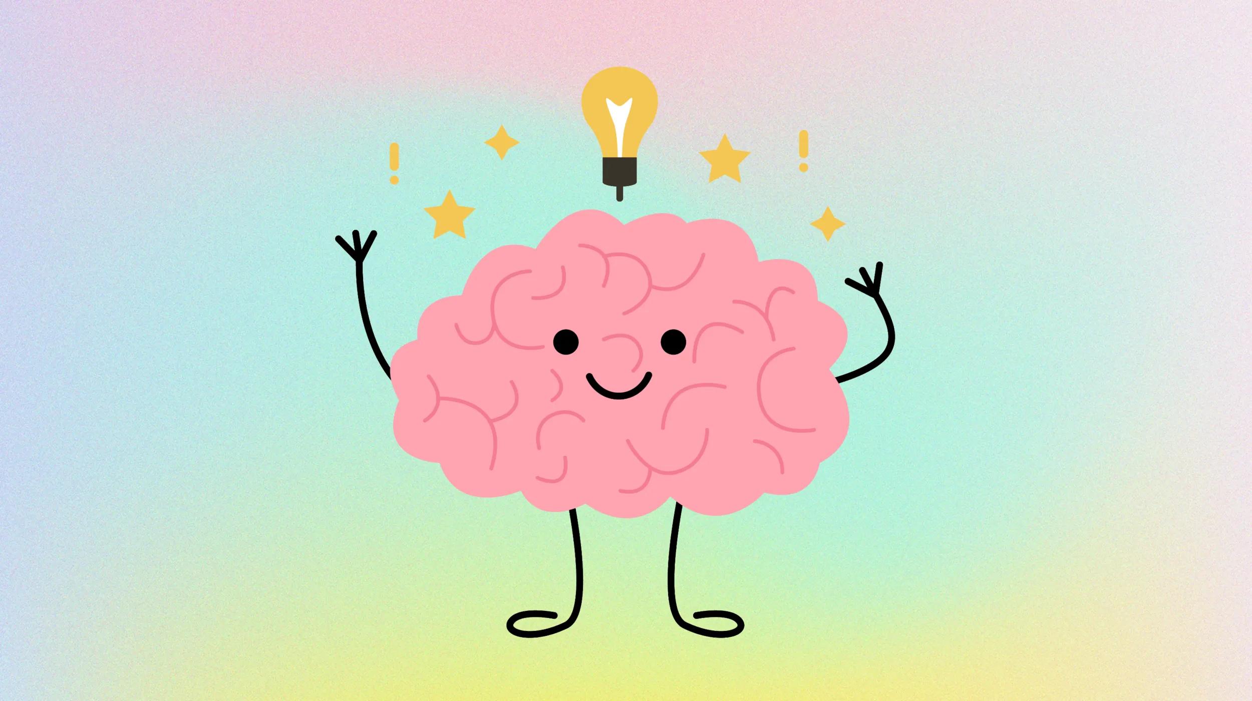 The image shows a cartoonish, smiling brain with arms raised and a light bulb glowing above it, symbolizing a new idea or an epiphany. There are also small stars and exclamation points around the brain, emphasizing excitement and creativity. The background is a soft gradient of pastel colors.