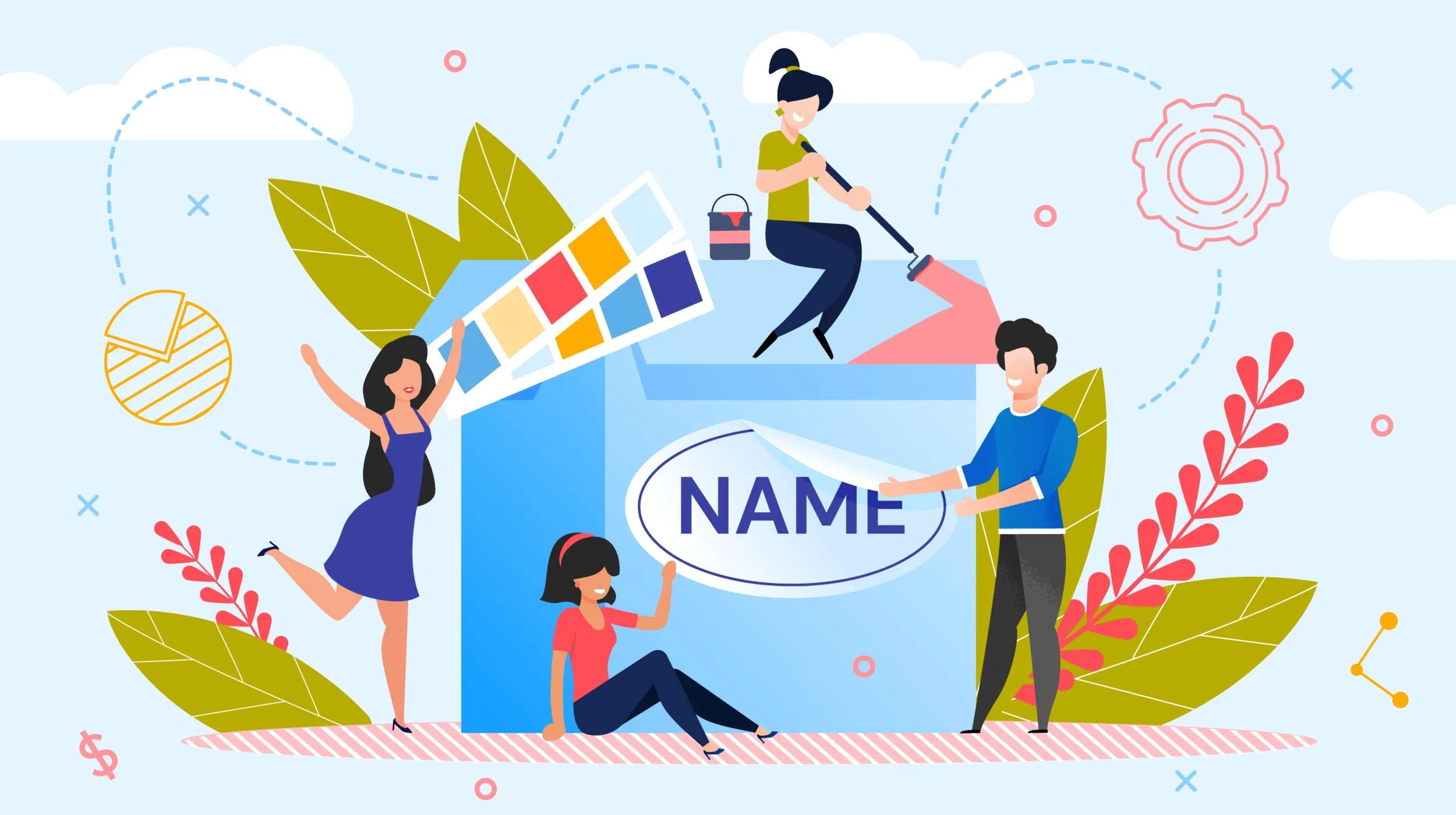 The image shows a colorful, stylized illustration of four people interacting with a large blue box labeled "NAME." One person is holding a paint roller and sitting on top of the box, another is standing and applying a new label on the box, the third is holding a color palette, and the fourth is sitting and pointing to the label. The background includes leaves, gears, and charts, symbolizing creativity and teamwork.