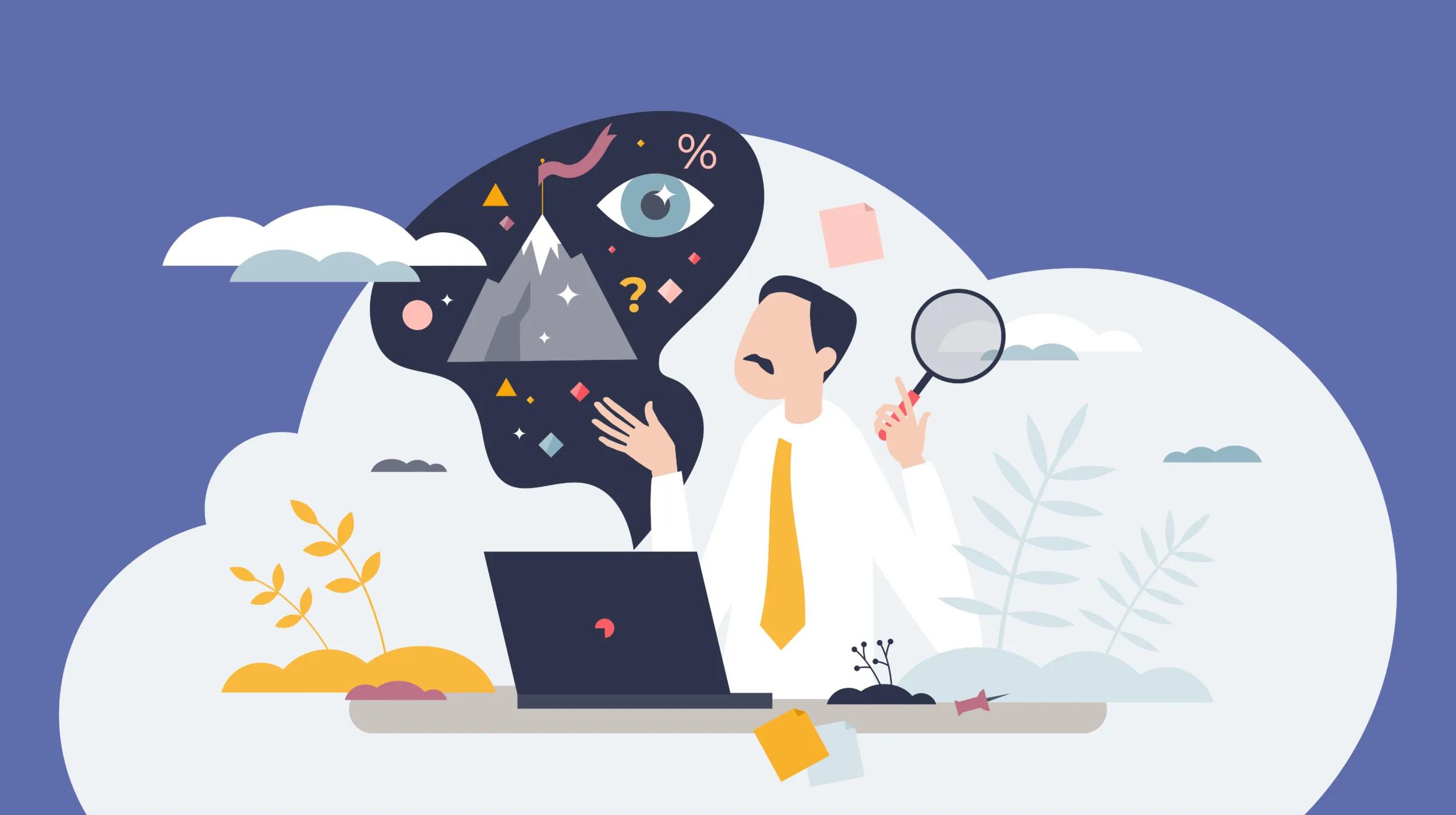 Illustration of a person sitting at a desk with a laptop, holding a magnifying glass. Above their head is a thought bubble filled with abstract symbols, including a mountain with a flag, an eye, a percentage sign, and various geometric shapes.