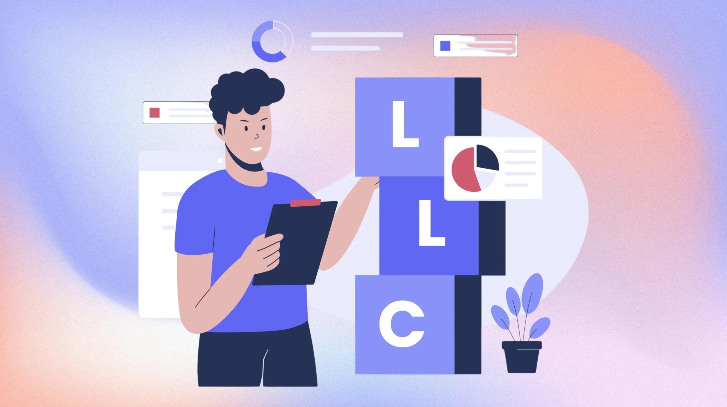 Illustration of a person holding a clipboard, standing next to three blocks labeled 'L,' 'L,' and 'C,' representing LLC. The background features abstract graphics, including charts and data elements, symbolizing business or organizational planning.