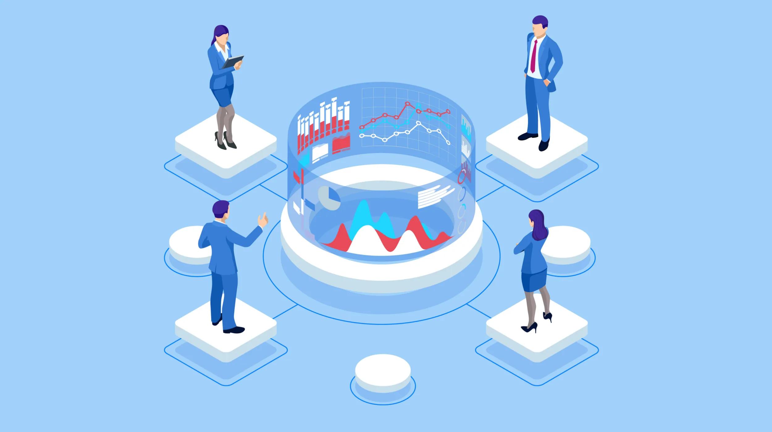 An isometric illustration depicting four businesspeople standing on separate platforms around a central cylindrical display. The display shows various charts and graphs in red and blue, including bar graphs, line graphs, and pie charts. The individuals are wearing business attire and appear to be engaged in analyzing or discussing the data shown on the display.