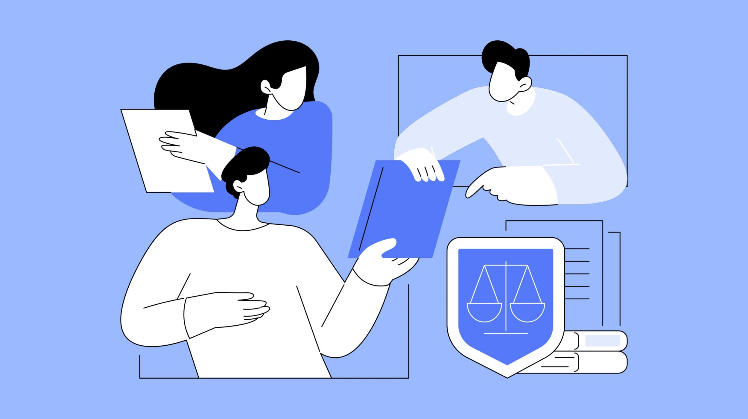 The image shows a stylized illustration with three people engaged in reading and discussing documents. One person is holding a piece of paper, another is holding a book, and the third is pointing to a document on a table. A shield icon with a scale symbol, representing justice or law, is also depicted in the illustration. The color scheme is predominantly blue and white.