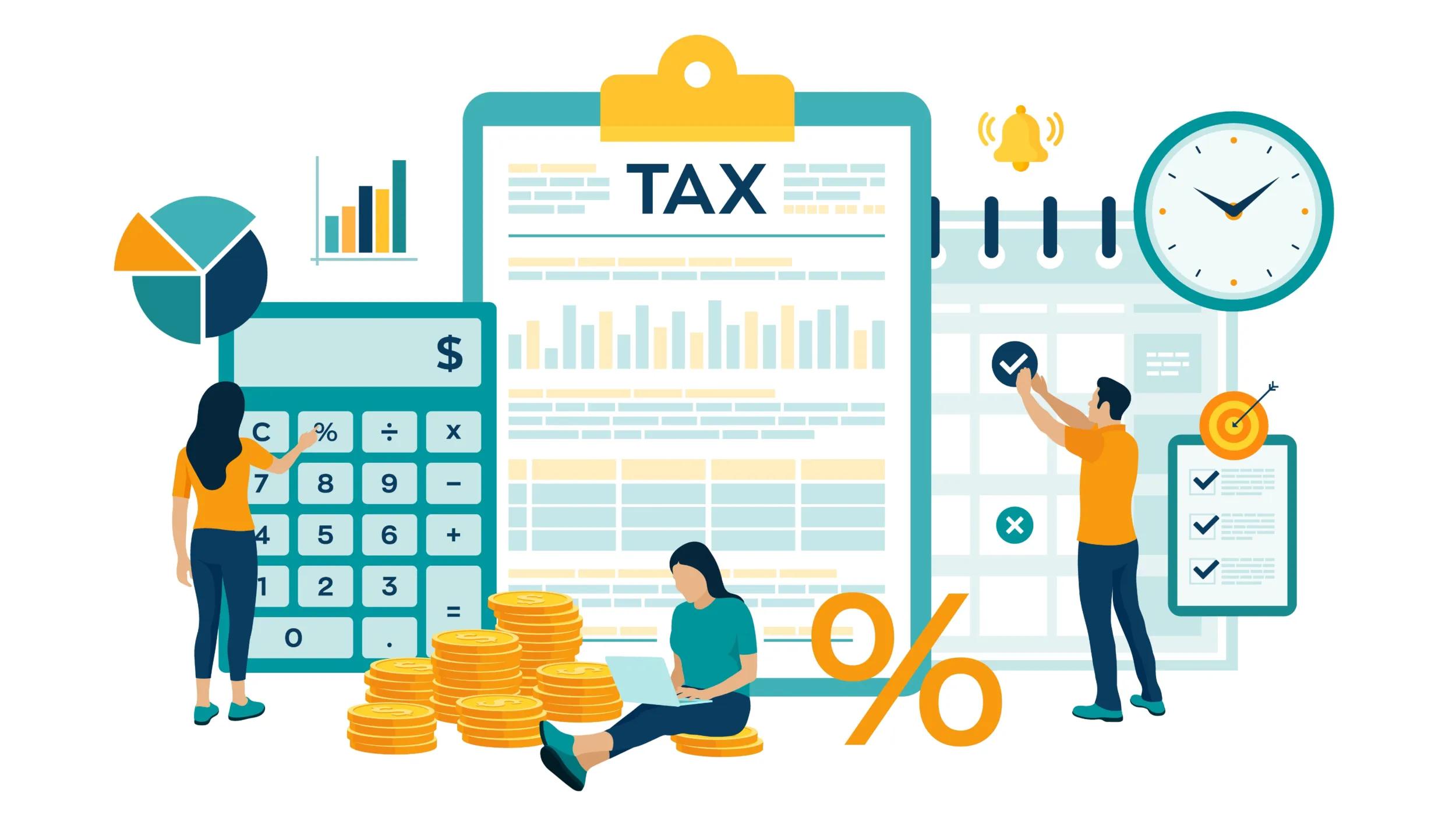 Illustration representing tax calculations and financial planning. The image includes a large clipboard with a tax document, a calculator, stacks of coins, a pie chart, and a calendar with a clock. Three individuals are engaged in financial tasks—one using a calculator, another working on a laptop while sitting on coins, and a third marking a date on the calendar. The scene symbolizes tax filing, budgeting, and financial management.