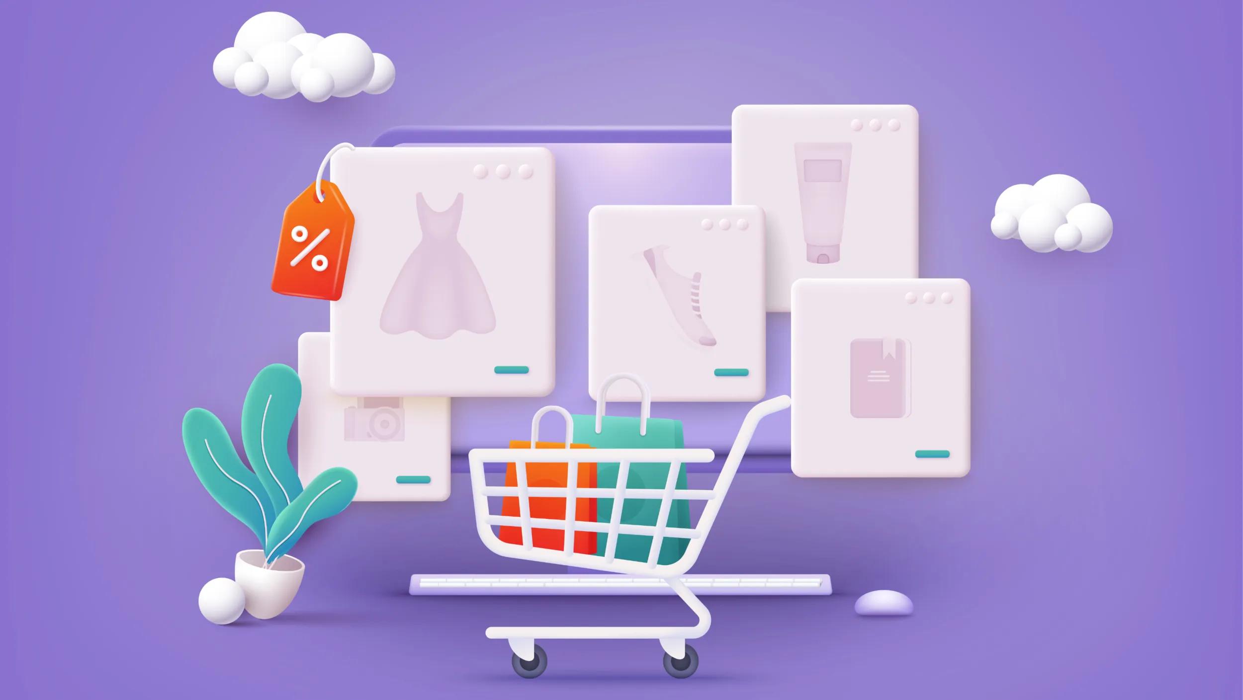 A 3D-rendered digital illustration of an online shopping concept. A shopping cart filled with colorful bags is in front of a laptop screen, displaying various product cards, including a dress, shoe, skincare product, and book. A discount tag hangs on one card. The background is a soft purple gradient with floating clouds, a potted plant, and abstract elements, creating a modern and minimalistic e-commerce theme.