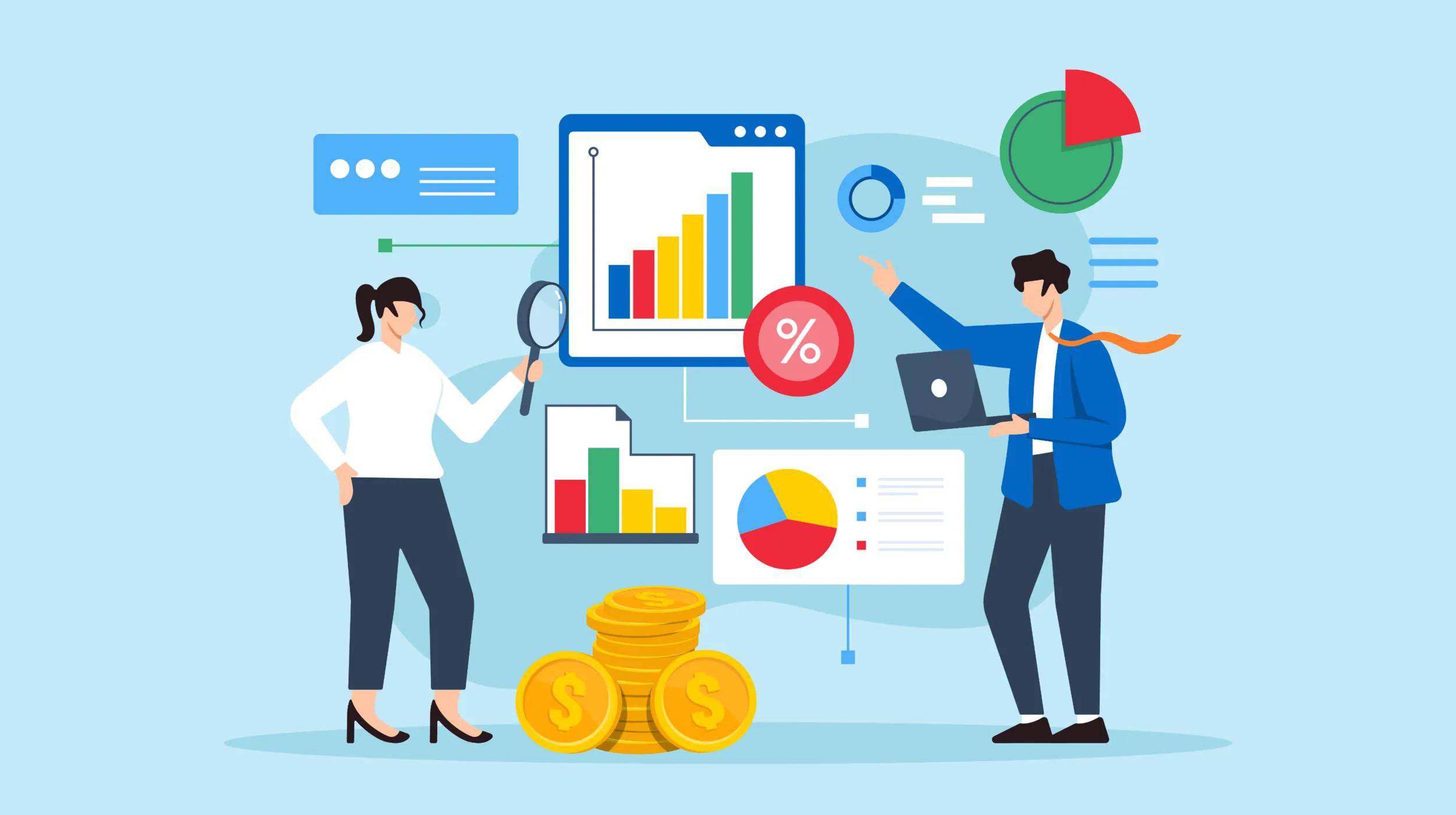 A business analytics illustration featuring a man and a woman analyzing financial data. The man, wearing a blue suit and orange tie, holds a laptop and gestures toward various charts and graphs, including bar charts, pie charts, and percentage symbols. The woman, dressed in a white blouse and black pants, examines data with a magnifying glass. Gold coins are stacked in the foreground, symbolizing financial growth. The background includes additional graphical elements representing data analysis.