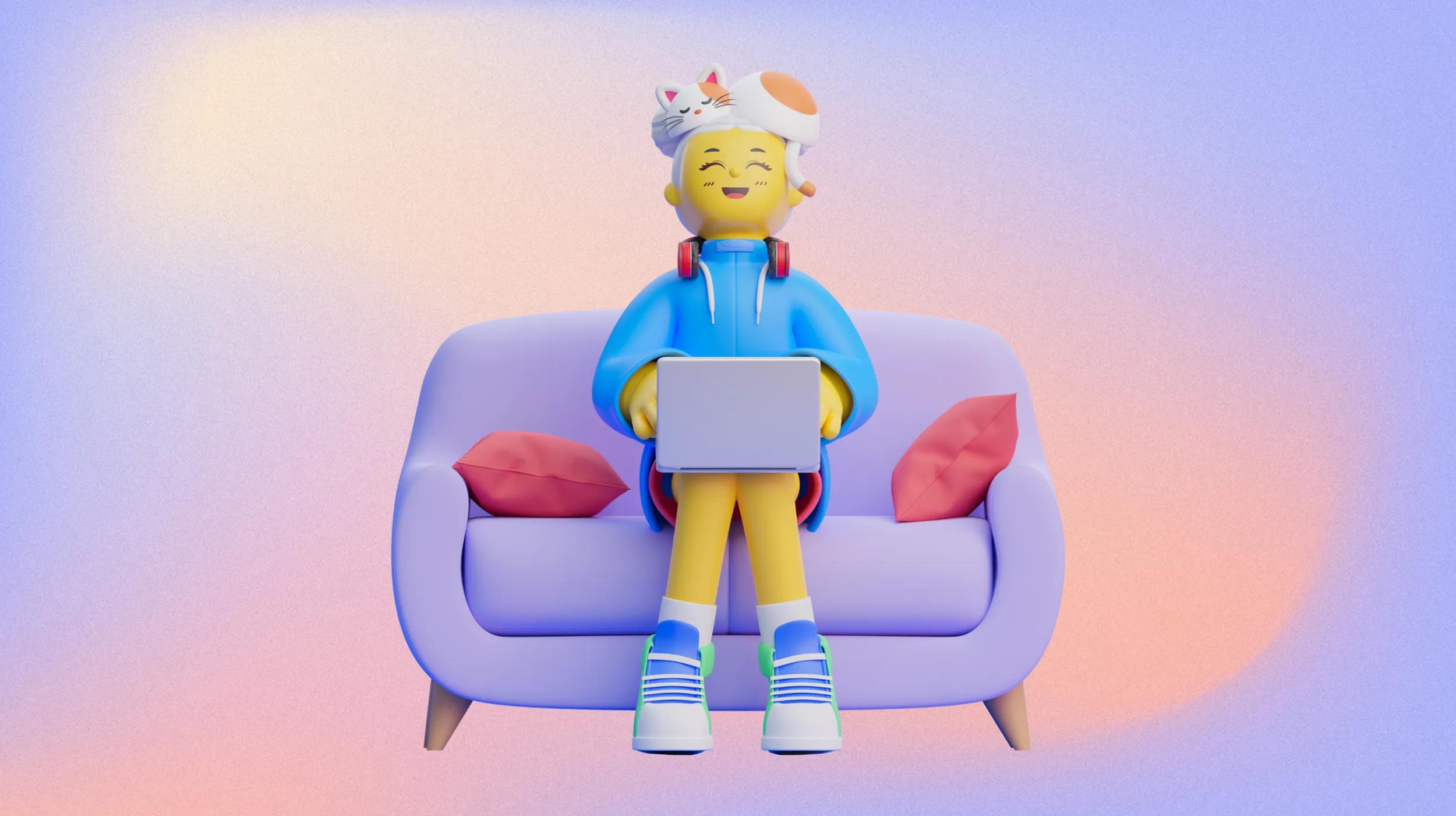 A 3D illustration of a person sitting on a purple sofa with pink cushions, holding a laptop. They are wearing a blue hoodie, red headphones around their neck, and colorful sneakers. A white and orange cat is comfortably lying on the person's head.