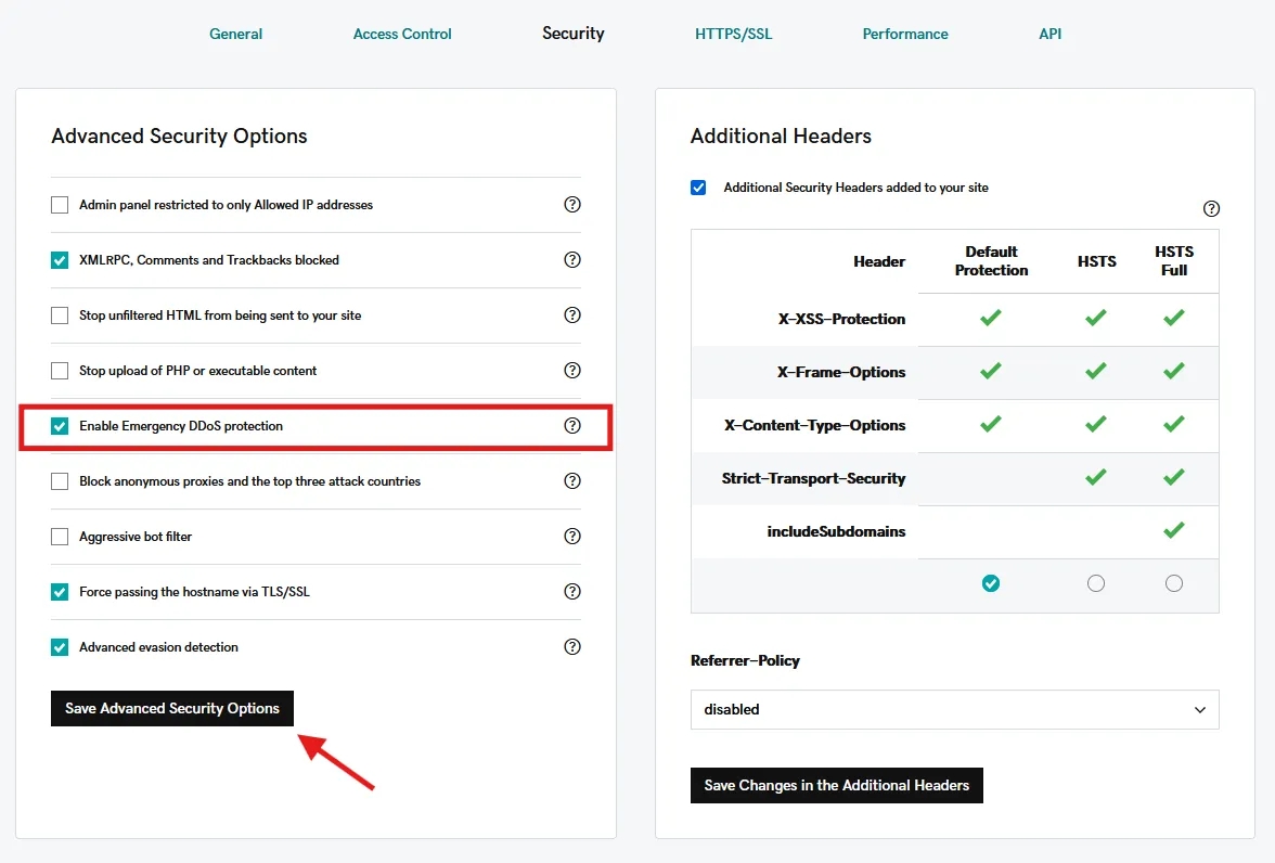 Enable Emergency DDoS protection screenshot