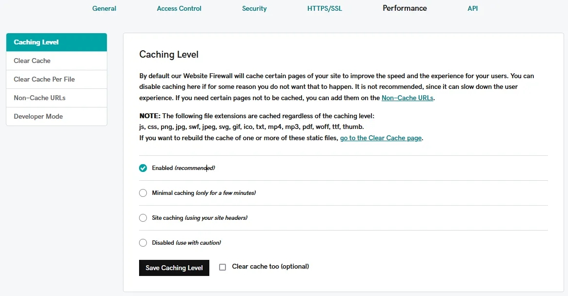 Set caching level to improve website performance with the GoDaddy Firewall screenshot