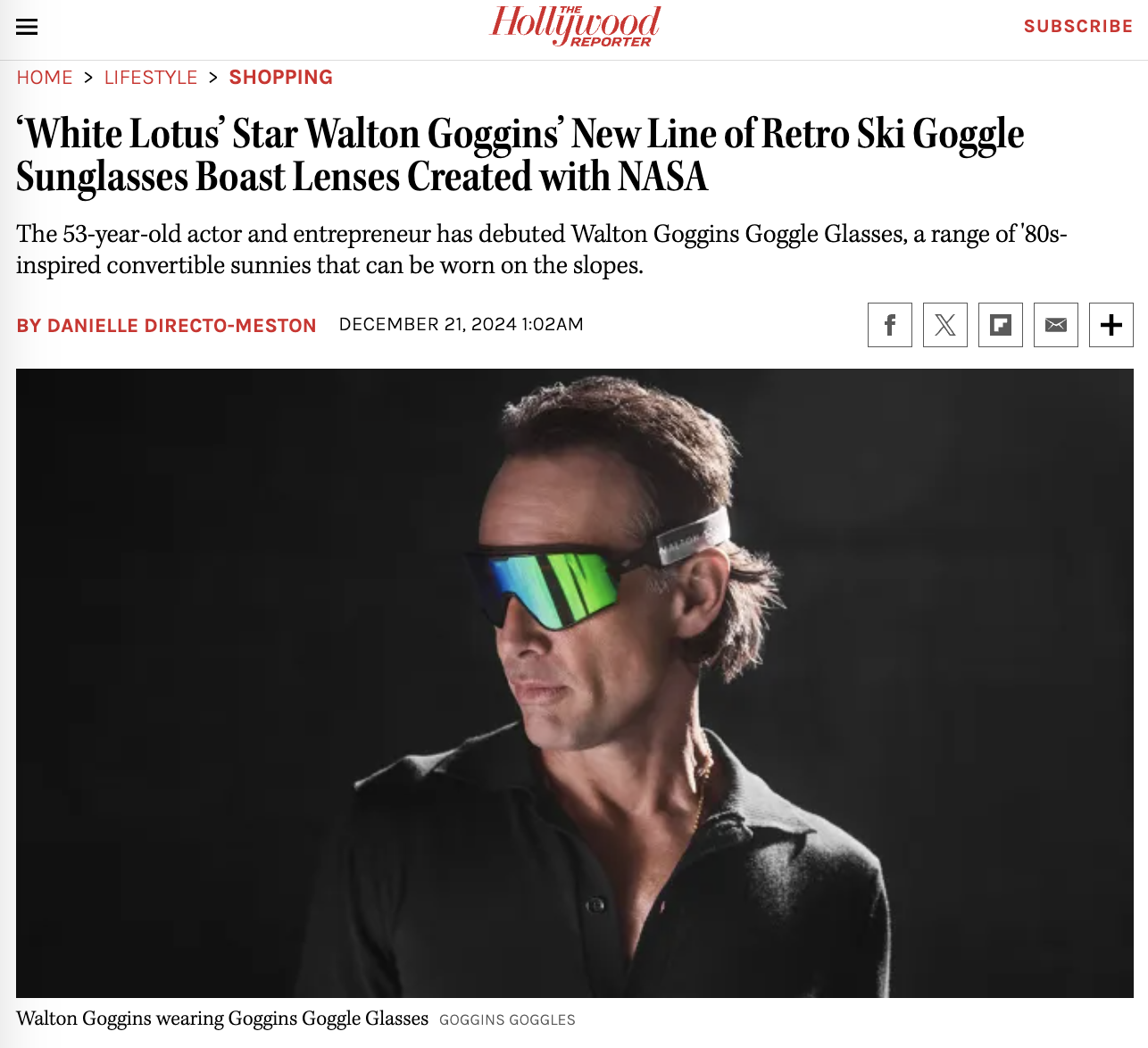 Hollywood Reporter article titled, &quot;White Lotus Star Walton Goggins' New Line of Retro Ski Goggle Sunglasses Boast Lenses Created with NASA&quot;