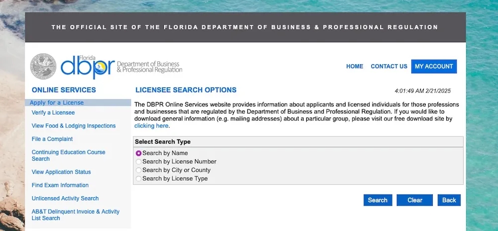 screenshot of Florida dbpr page for llc license and permits application