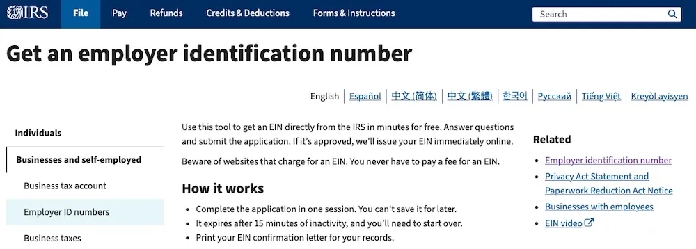 screenshot of IRS website showing how EIN works