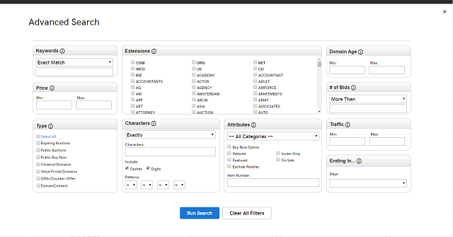 GoDaddy Auctions Advanced Search