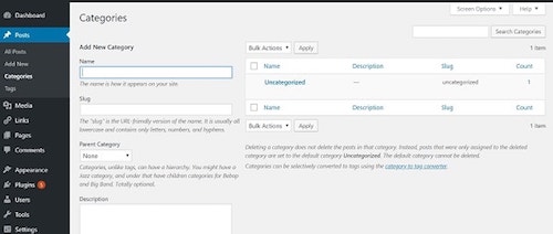 WordPress Dashboard Categories