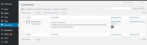 WordPress Dashboard Comments