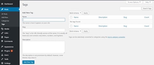 WordPress Dashboard Tags