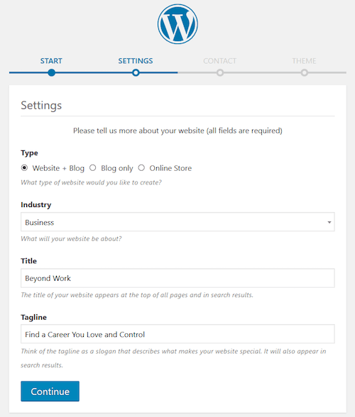 WordPress Wizard Settings Screen